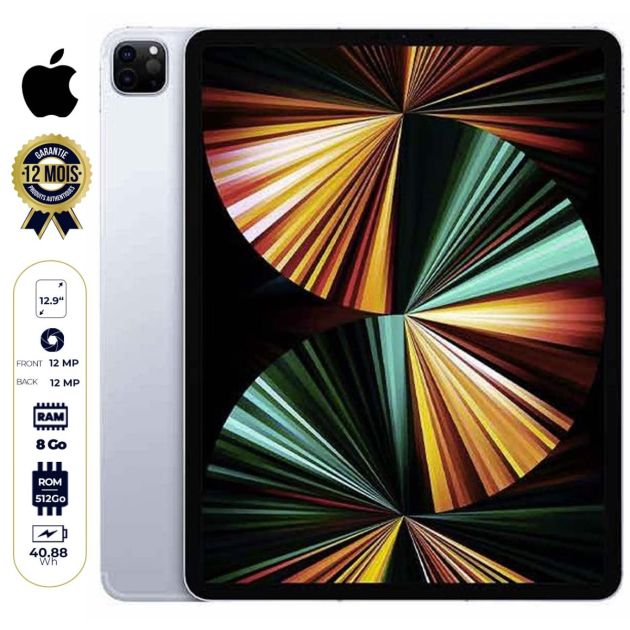 2022 Apple 12.9 pouces iPad Pro Wi‑Fi + Cellular - 512Go/8Go - iPadOS 14.5.1 -  Apple M1 - 1 Nano sim - 12MP/12MP - Garantie 12 mois