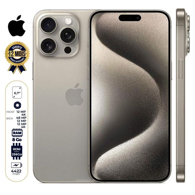 iPhone 15 Pro Max - 256 Go/8Go - 6,7" - Apple A17 Pro - Nano SIM physique et e-sim - 48 MP+12MP+12MP/12MP - 4422mAh - Version internationale - Garantie 12 mois