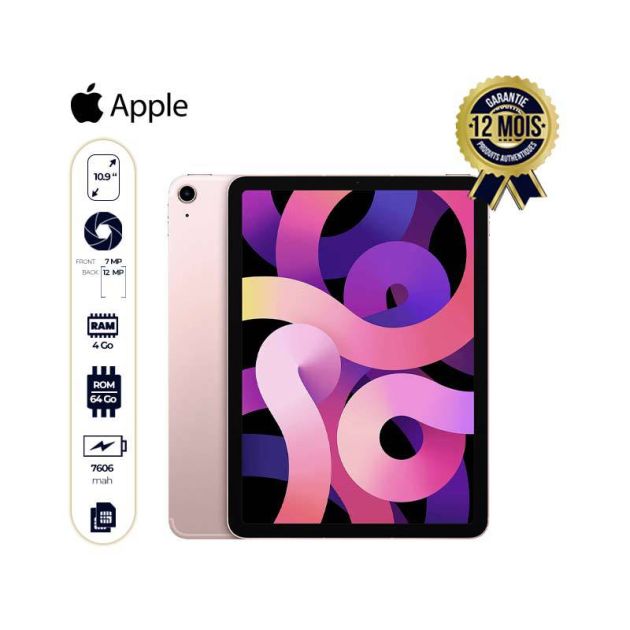 Apple iPad Air 2020 (5th génération) wifi + cellular -10,9" - 64 Go/4 Go Ram - 12MP/7MP - 7606 mAh - IPadOS 14 - 12 mois de garantie