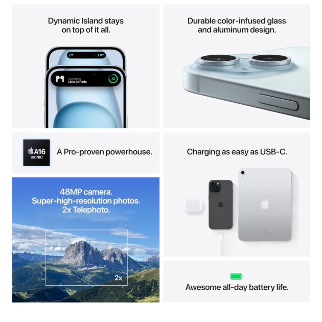 iPhone 15 - 256 Go/6Go RAM - 6,1" - Apple A16 Bionic  - Nano SIM physique et e-sim - 48 MP+12MP/12MP - 3349mAh - Garantie 12 mois