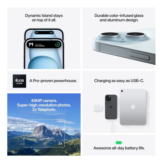iPhone 15 Plus - 128 Go/6Go RAM - 6,7" - Apple A16 Bionic - Nano SIM physique et e-sim - 48 MP+12MP/12MP - 4383 mAh - Garantie 12 mois