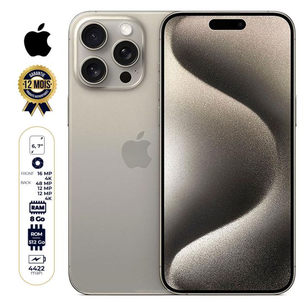 iPhone 15 Pro Max - 512 Go/8Go RAM - 6,7" - Apple A17 Pro - 2 Nano SIM physique - 48 MP+12MP+12MP/12MP - 4422mAh - Garantie 12 mois