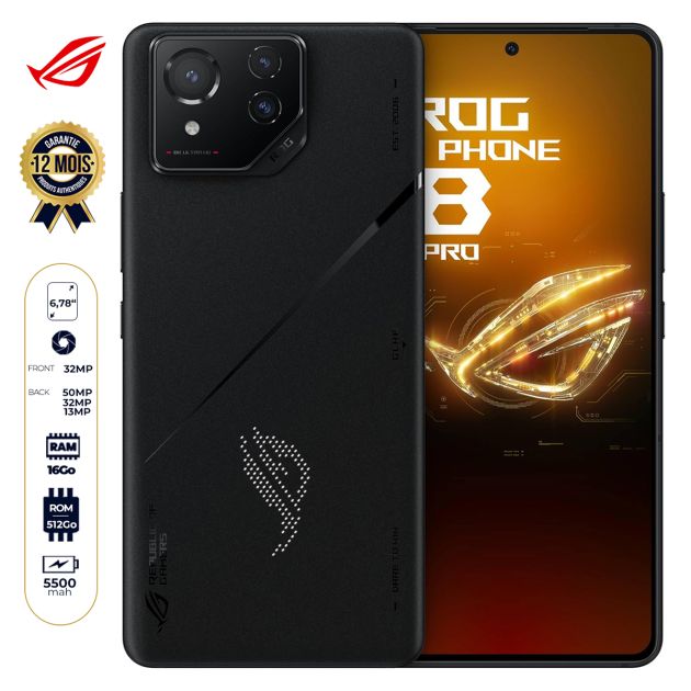 Asus ROG Phone 8 Pro - 512 Go - 16Go RAM - 6,78" LTPO AMOLED 165Hz - Dual Nano SIM - 50 MP + 32 MP + 13 MP / 32 MP - 5500mAh - Garantie 12 Mois