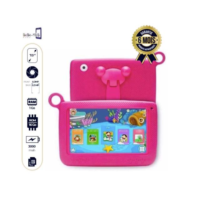 Tablette Pour enfants - BeBe-TAB (B-703) - 16 Go ROM/1 Go RAM - 7.0" - 0.3MP - 3000 mAh batterie - Rose