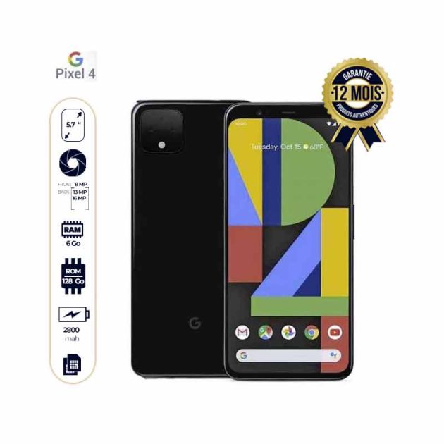 Google Pixel 4 seconde main - 5.7'' - 128Go/6Go RAM - 1 SIM - 16MP/8MP - 2800mAh - noir - 12 mois de garantie