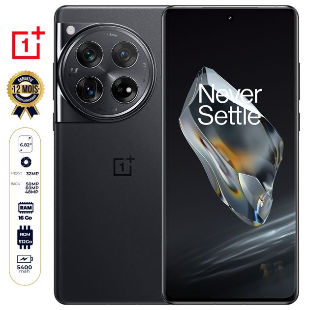 OnePlus 12 - 512 Go - 16 Go RAM - 50 MP + 60MP + 48MP / 32 MP - Écran 6,82'' LTPO AMOLED - 2 Nano SIM - 5400 mAh - Garantie 12 mois