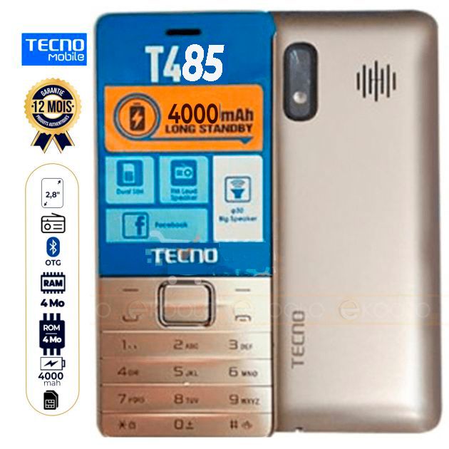 Téléphone Tecno T485 - 2.8" - 4Mo ROM - 4 Mo RAM - Radio FM, BT, OTG - 4000 mAh - Double Sim - Garantie 12 Mois