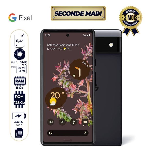 Google Pixel 6 5G Seconde main  remis á neuf avec carton et accessoires - 128 Go - 8Go Ram - 50+12MP 4K/8MP - ( Nano-SIM et eSIM ) - 4614mAh - 3 Mois
