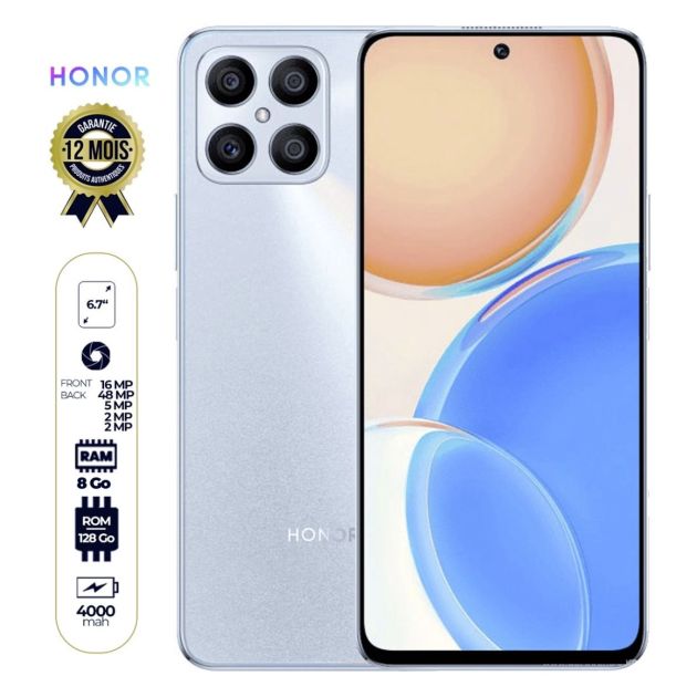 Honor X8  - Smartphone - 128 Go/6Go RAM - 6.7" - Dual Nano SIM - 64MP+5MP+2MP+2MP/16MP - 4000 mAh - Garantie 12 Mois