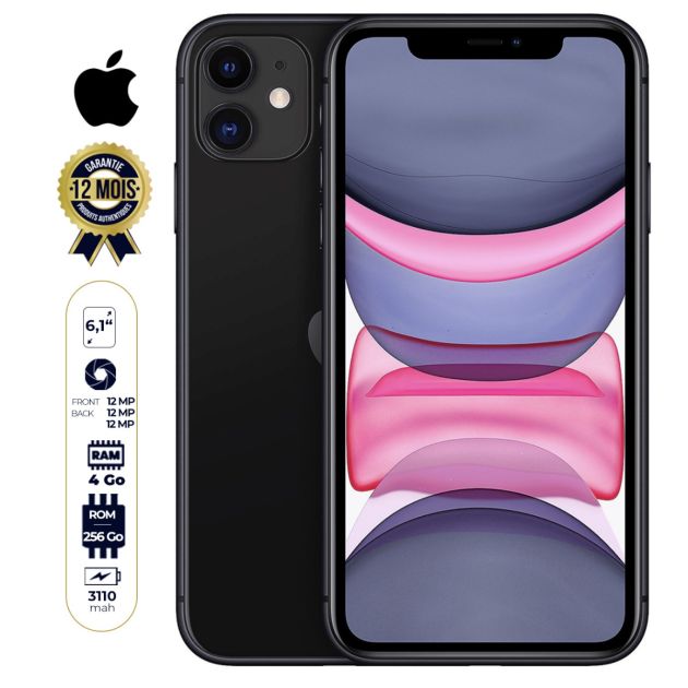 Iphone 11 seconde main - 6.1" - 256 Go/4Go RAM - A13 Bionic - 1 sim - 12MP+12MP/12MP - 3110 mAh - 03 mois de garantie