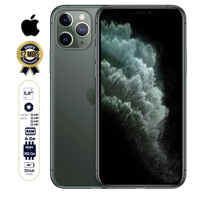 iPhone 11 Pro occasion - 512Go/4Go RAM - Une Nano Sim - Triple caméra Arrière-03 mois de garantie