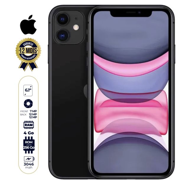 Apple iPhone 11 seconde main - 6.1" - 256 Go/4Go RAM - A13 Bionic - 2 sim - 12MP+12MP/12MP - 3110 mAh - 12 mois de garantie