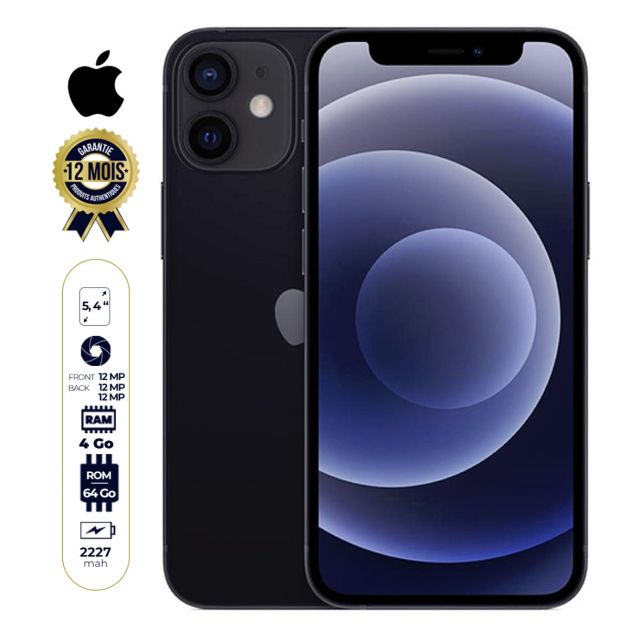 IPhone 12 Mini - Apple - 64Go/4Go - 12MP - 5G - 5.4" - 12 mois