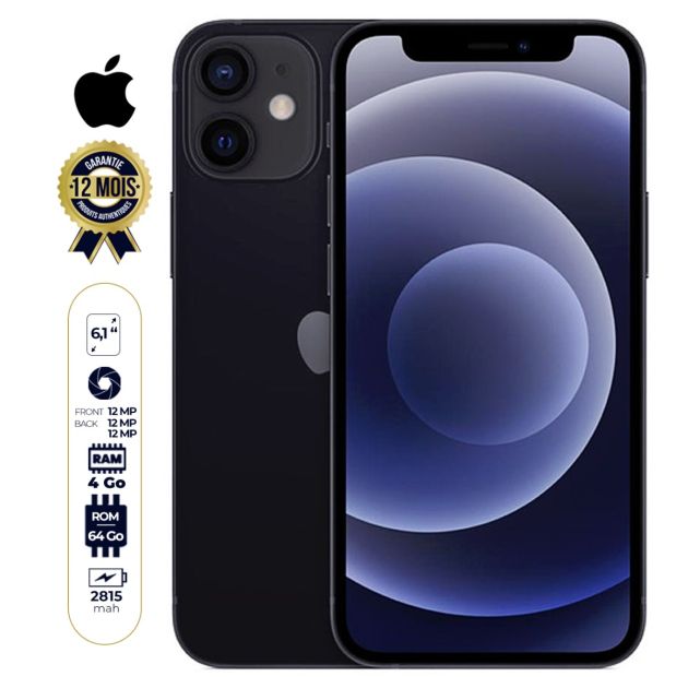 IPhone 12 seconde main - Apple - 6.1" - 5G - 64 Go/4Go RAM - 1 Nano SIM - 12MP/12MP - 03 mois de garantie