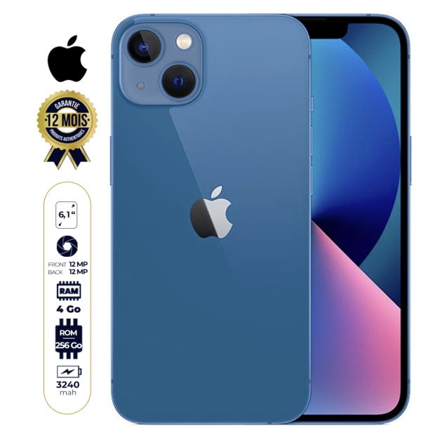 Iphone 13 - 6.1'' - 256Go/4Go RAM - 2 Sim - 12MP/12MP - 3240mAh - 12 mois de garantie