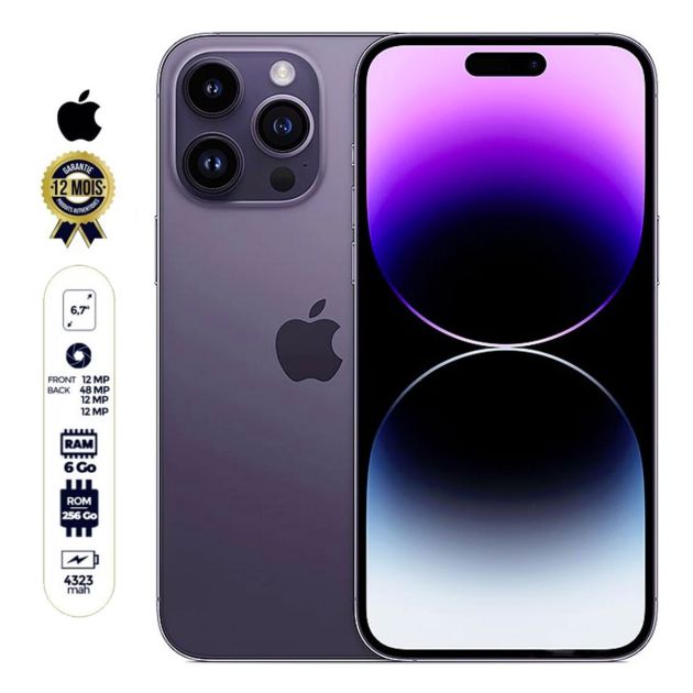 Iphone 14 Pro max - 6.7'' - 256 Go/6Go - 48MP/12MP - 1 Nano sim physique et 1 e-sim - A16 Bionic chip - 4325mAh - 12 mois 