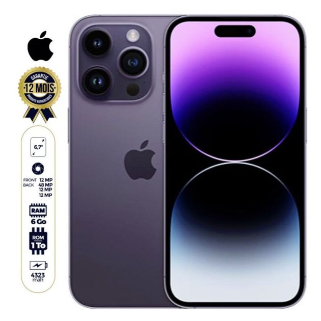 IPhone 14 Pro - 6.1'' - 512 Go - 6Go RAM - 2 sim physique - 48MP/12MP - A16 Bionic - 3200mAh - 12 mois de garantie