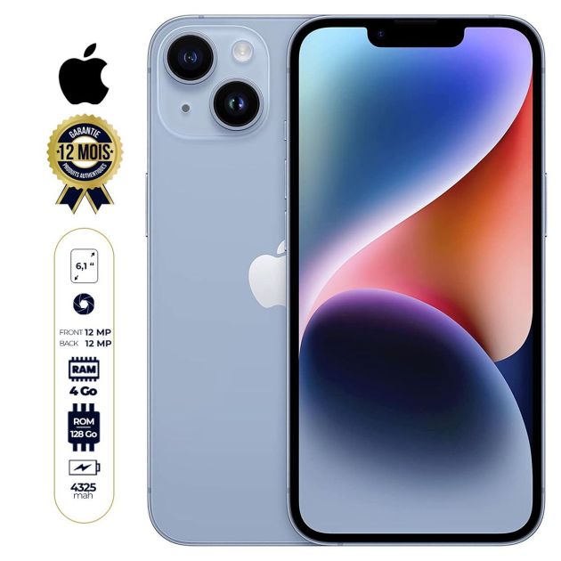 IPHONE 14 - 6,1" - 128 Go/4Go RAM - 2 sims physiques - Puce A15 Bionic - 4325mAh - 12 mois