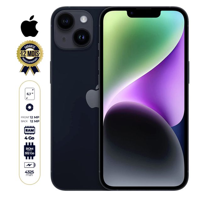 IPHONE 14 6.1" - 512 Go/4Go - 12MP/12MP - 2 nano sim physique - A15 Bionic chip - 4325mAh - 12 mois