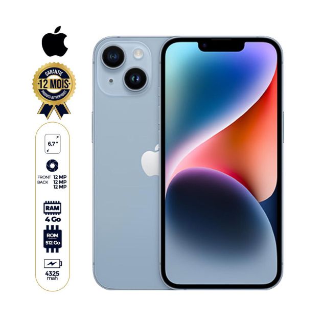 IPhone 14 Plus - 6.7'' - 512Go - 4Go RAM - 1 Nano sim physique et 1 e-sim -  12MP/12MP - A15 Bionic - 4325mAh - 12 mois de garantie