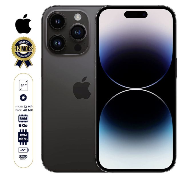IPhone 14 Pro - 6,1" - 128 Go/6Go RAM - 2 Nano Sims physiques - Puce A16 Bionic - 3200mAh - Garantie 12 Mois