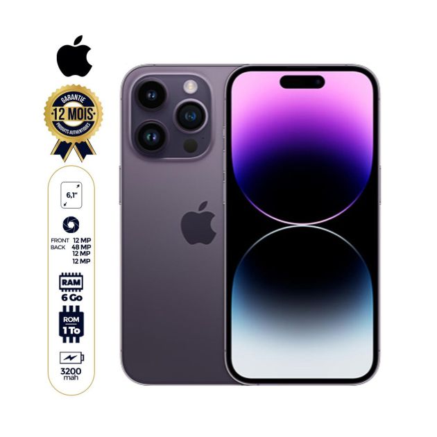 iPhone 14 Pro - 6.1'' - 1To - 6Go RAM - 1 Nano sim physique et 1 e-sim - 48MP/12MP - A16 Bionic - 3200mAh - 12 mois de garantie