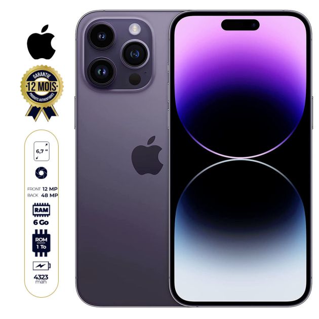 IPhone 14 Pro Max - 6.7'' - 1To - 6Go RAM - 2 Nano Sim physique - 48MP/12MP - A16 Bionic - 4323mAh - 12 mois de garantie