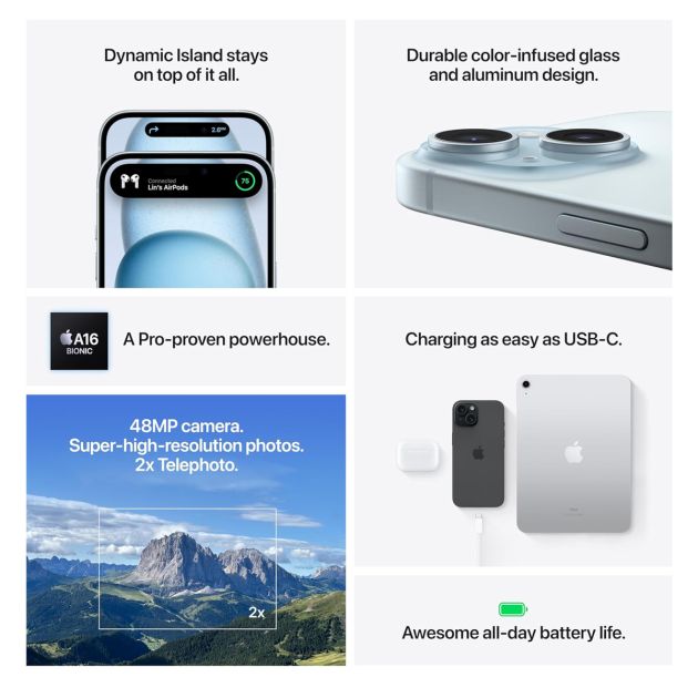 iPhone 15 - 128 Go/6Go RAM - 6,1" - Apple A16 Bionic  - Nano SIM physique et e-sim - 48 MP+12MP/12MP - 3349mAh - Garantie 12 mois 