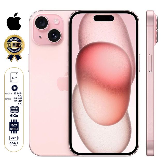 iPhone 15 - 128 Go/6Go RAM - 6,1" - Apple A16 Bionic  - Nano SIM physique et e-sim - 48 MP+12MP/12MP - 3349mAh - Garantie 12 mois 