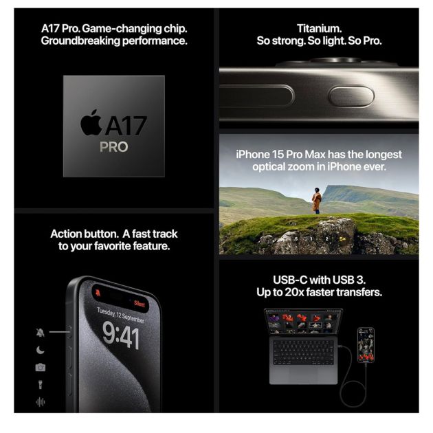 iPhone 15 Pro - 256 Go/8Go - 6,1" - Apple A17 Pro - 2 Nano SIM physique - 48 MP+12MP+12MP/12MP - 3274mAh - Garantie 12 mois 
