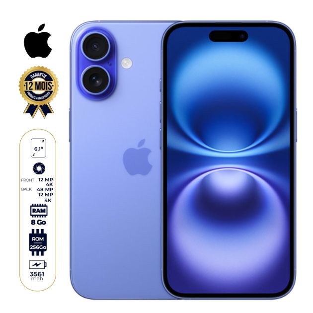 iPhone 16 - 256 Go - 8Go RAM - 6,1" - Apple A18  - 1 Nano SIM physique et 1 e-SIM - 48MP+12MP /12MP - 3561mAh - Garantie 12 mois