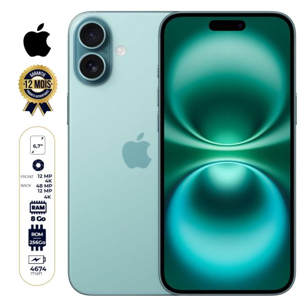 iPhone 16 Plus - 256 Go - 8Go RAM - 6,7" - Apple A18 - 1 Nano SIM physique et 1 e-SIM - 48MP+12MP /12MP - 4674 mAh - Garantie 12 mois