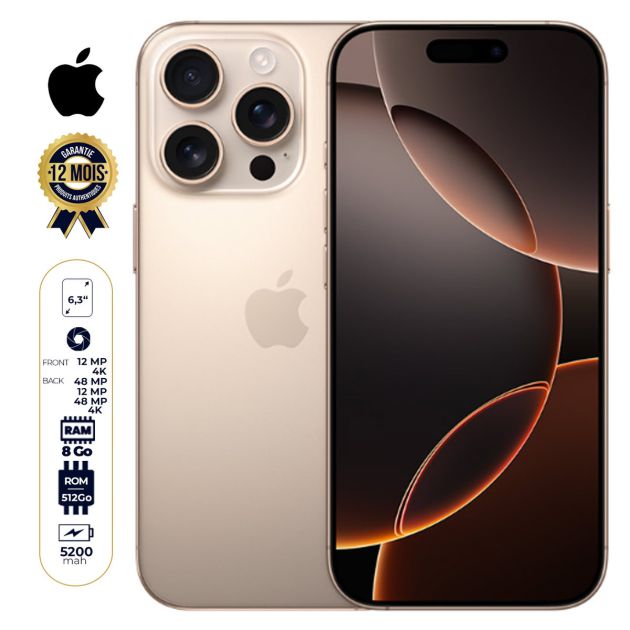 iPhone 16 Pro  - 512 Go - 8Go RAM - 6,3" - Apple A18 Pro - 1 Nano SIM physique  et 1 e-SIM - 48MP+12MP +48MP /12MP - 5200mAh - Garantie 12 mois