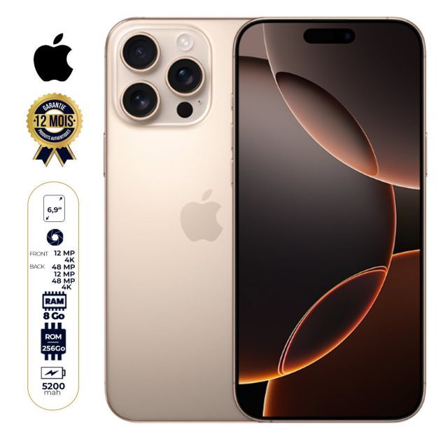 iPhone 16 Pro Max - Version Américaine - 256 Go - 8Go RAM - 6,9" - Apple A18 Pro - e-SIM - 48MP+12MP +48MP /12MP - 5200mAh - Garantie 12 mois