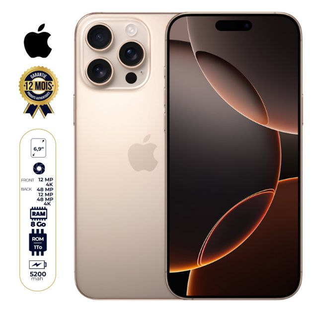 iPhone 16 Pro Max - 1 To - 8Go RAM - 6,9" - Apple A18 Pro - 1 Nano SIM physique et 1 e-SIM - 48MP+12MP +48MP /12MP - 5200mAh - Garantie 12 mois