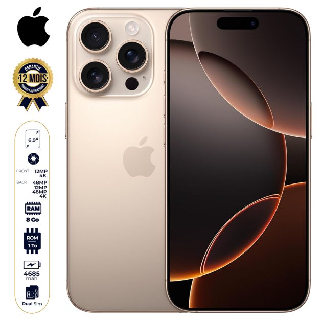 iPhone 16 Pro Max - 1 To - 8Go RAM - 6,9" - Apple A18 Pro - 2 SIM physique - 48MP+12MP +48MP /12MP - 4685mAh - Garantie 12 mois