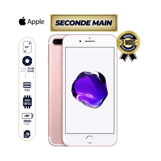 Iphone 7 plus seconde main - 5.5" - 128Go/3Go RAM - 1 SIM - 12MP/12MP - 2900 mAh - rose or - 3 mois de garantie