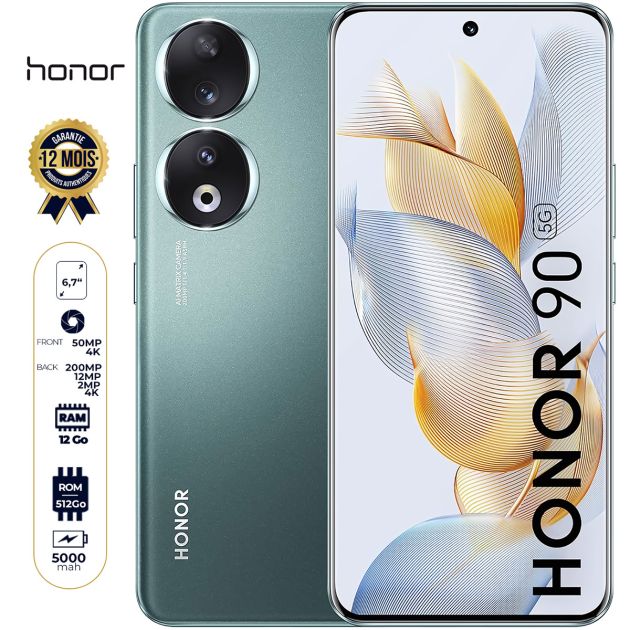 Honor 90 - 512 Go - 12Go RAM - 6.7" écran AMOLED incurvé - Dual Nano SIM - 200MP + 12MP + 2MP /50MP - 5000mAh - Garantie 12 mois