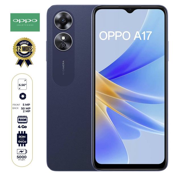 OPPO A17 - 64 Go/4Go RAM - 6,56'' - 5000mAh - 50MP+2MP/5MP - 12 mois de garantie