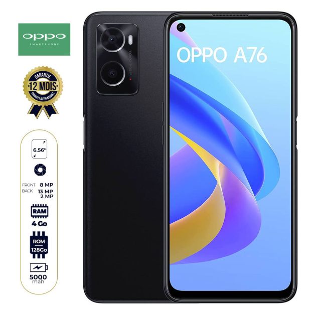 OPPO A76 - 6,56'' - 2SIM - 128 Go/4 Go RAM - 13MP+2MP/8MP - 5000mAh - Garantie 12 Mois