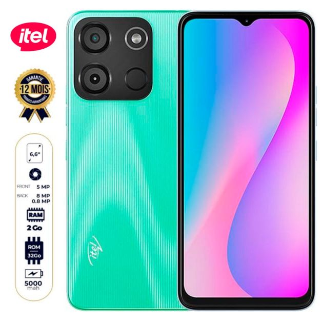 Itel A60 - 32 Go/2Go RAM - 6.6" - 2 Nano SIM - 8MP+0.8 MP/5MP - 5000mAh - Empreinte digitale - Garantie 12 Mois