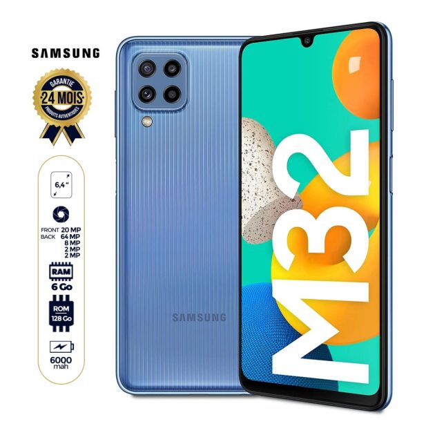 Samsung Galaxy M32 (version indienne) - 6,4" - 128 Go/6Go - 64MP+8MP+2MP+2MP /20MP - DUAL nano sim - 6000mAh - Garantie 24 mois