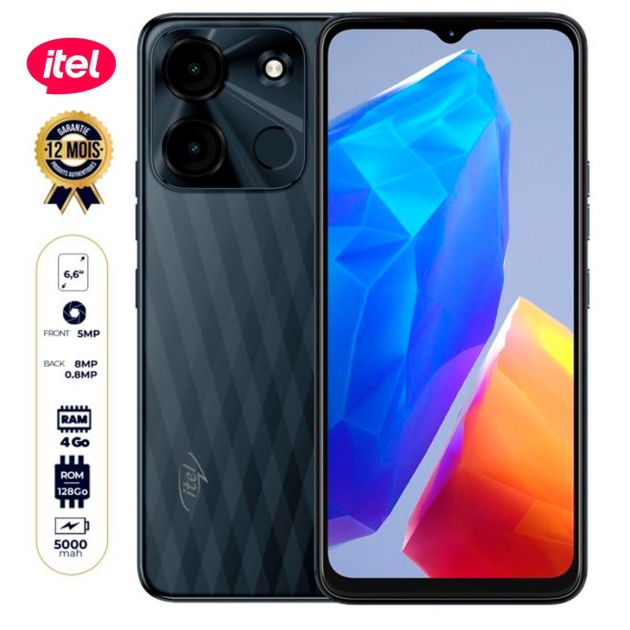Smartphone Itel A60S - 128 Go/4Go RAM - 6.6” - Dual Nano SIM - 8MP+0.8MP/5MP - 5000mAh - Garantie 12 Mois