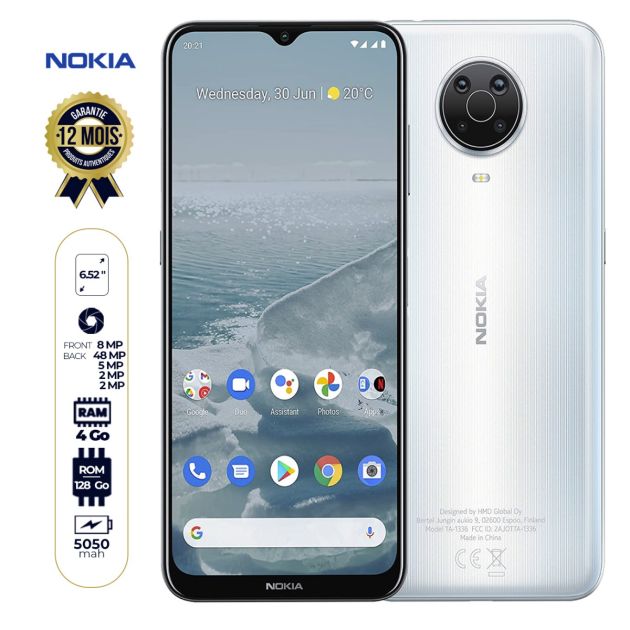 Smartphone Nokia G20 - 128 Go/4 Go RAM - 6.52" - 5050mAh - 48MP - Dual Nano SIM - Garantie 12 mois