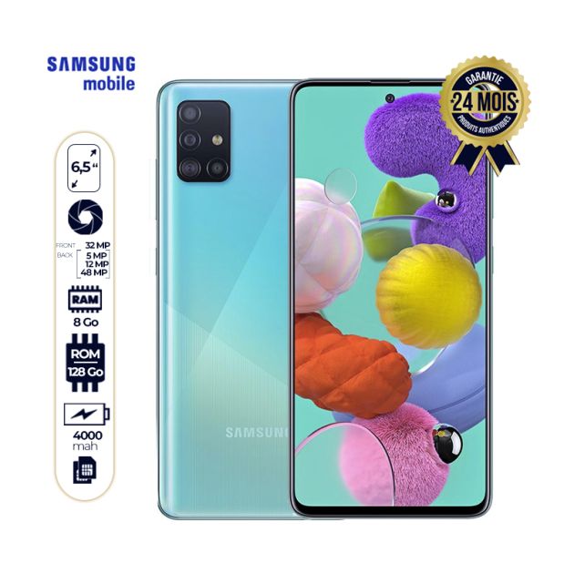 Smartphone Samsung A51 - 6,5 Pouce - 128Go/8Go - 4K -  48MP+12MP+5MP+5MP/32MP - 4000mah - Argent - 24 mois de garantie