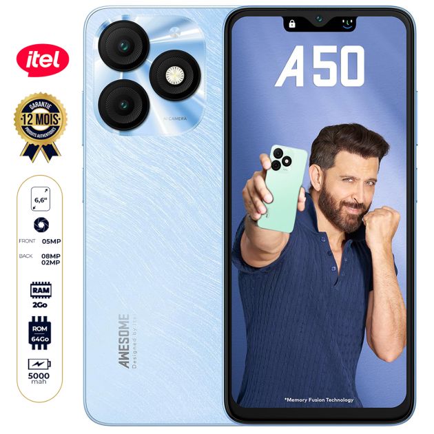 Smartphone itel A50 - 64Go - 2Go RAM - 6.6" - Dual Nano SIM - 8MP/5MP - 5000mAh - Garantie 12 Mois