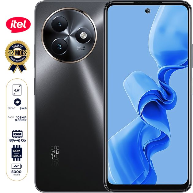 Smartphone itel S24 - 128 Go - 8 Go (4 Go + 4 Go) RAM - 6,6" - Double Nano SIM - 108 MP + 0,08MP/8MP - 5000 mAh - Garantie 12 mois