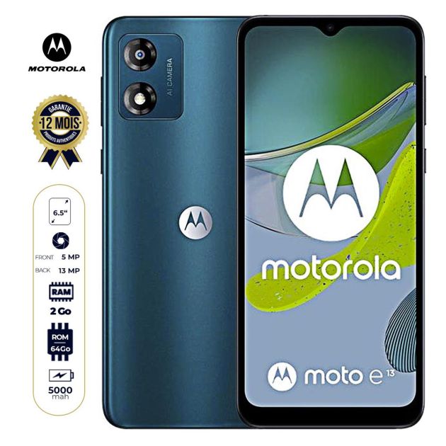 Motorola Moto E13 - 6.5" - 64Go /2Go RAM - Dul Nano SIM - 13MP/5MP - 5000mAh - Garantie 12 Mois