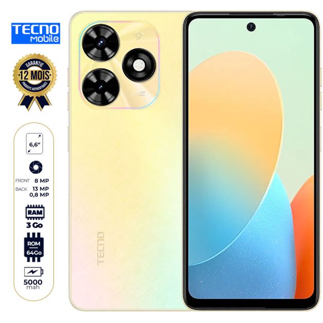 Tecno Pop 8 - 64 Go - 3Go RAM - 6.6" - 5000mAh - 13MP/8MP - Dual Nano SIM - 4G LTE - Garantie 12 Mois