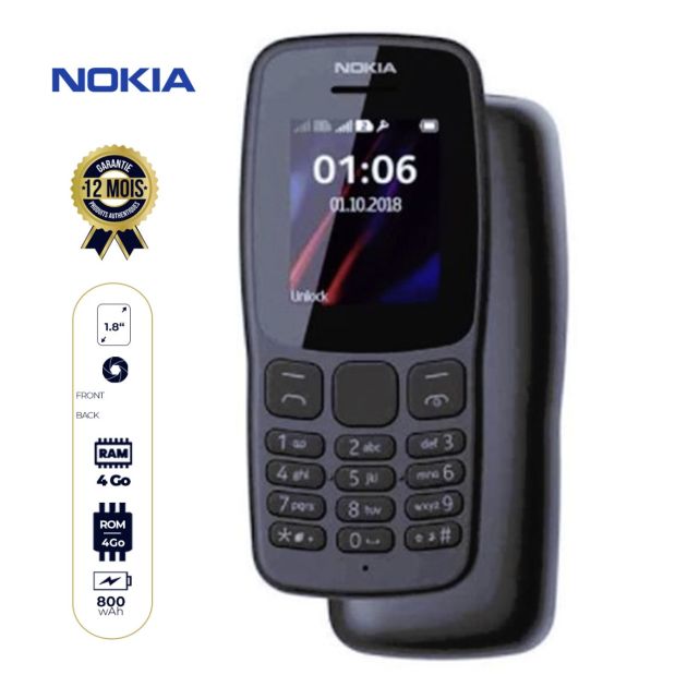Téléphone Nokia 106 - 4Mo/4Mo RAM - 800 mAh - 1.8’’ - 2 Sim - Noir - 12 Mois de garantie.